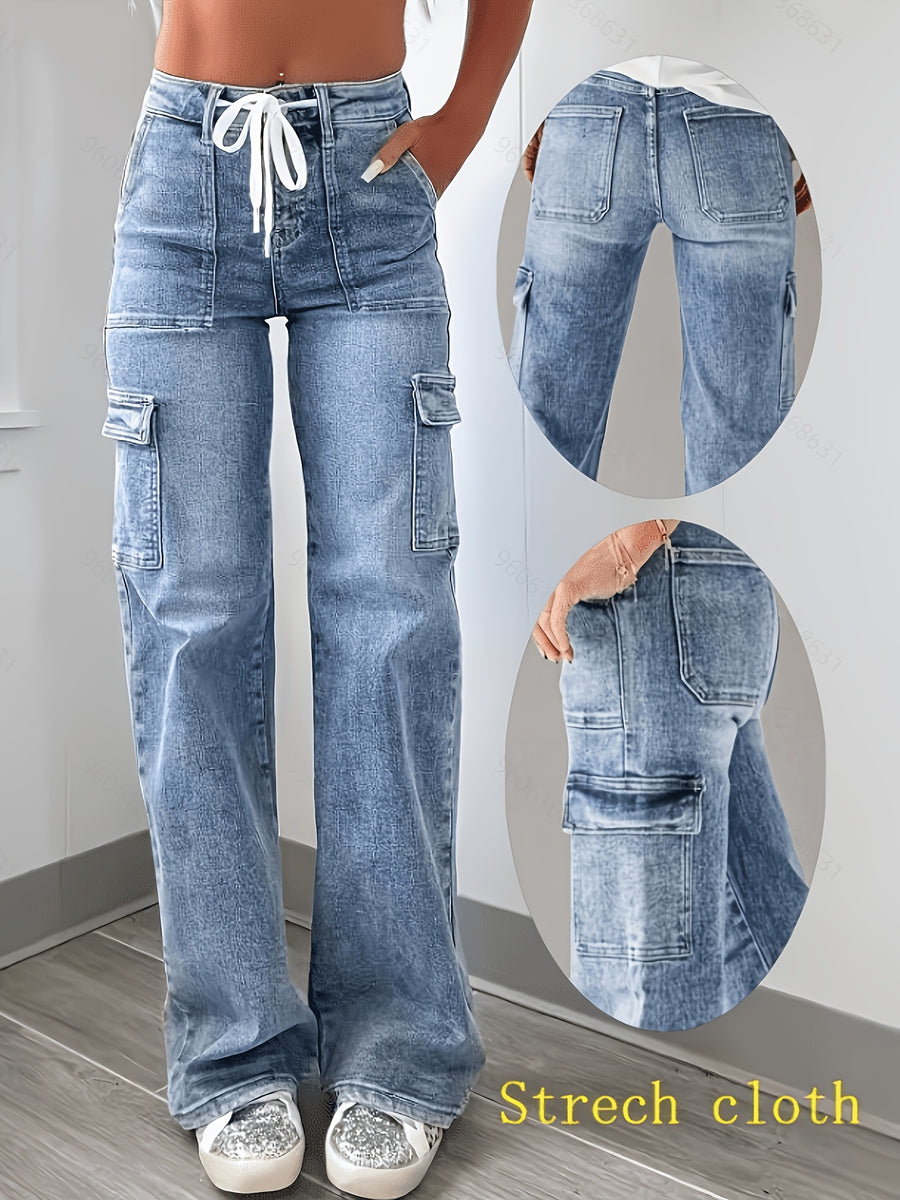 Women'S Stretch Contrast Wide Leg Straight Cargo Multi-Pocket Jeans Street Trendy Style - Bright Steel Blue