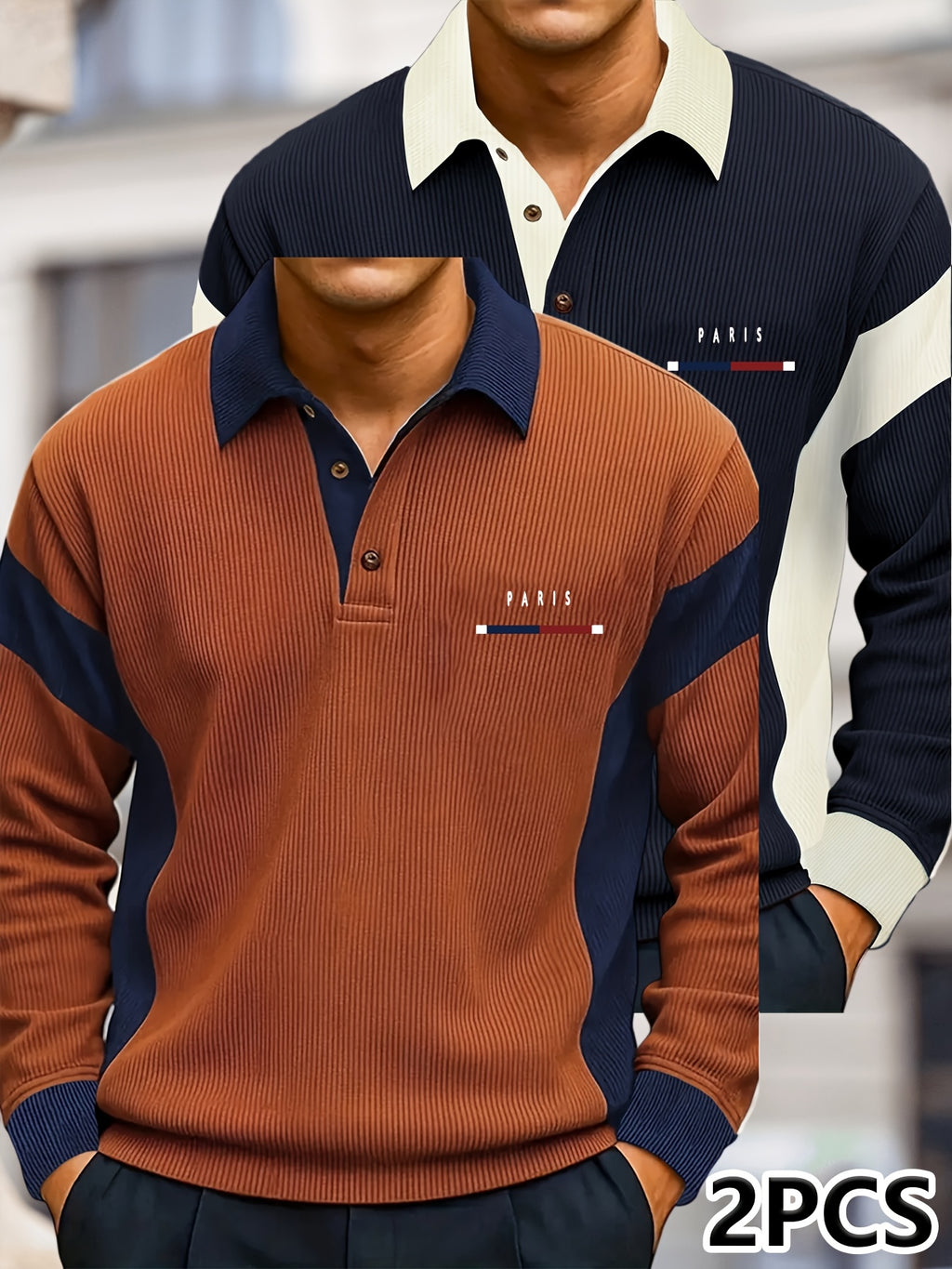 Men's Color-Block Spliced Long-Sleeve Polo Shirt Two-pc, Vertical Stripe Texture, Letter Print Lapel Top, Spring/Autumn Business Casual Versatile 2pcs Men's Sweatshirt Set - Tangerine+Navy Blue