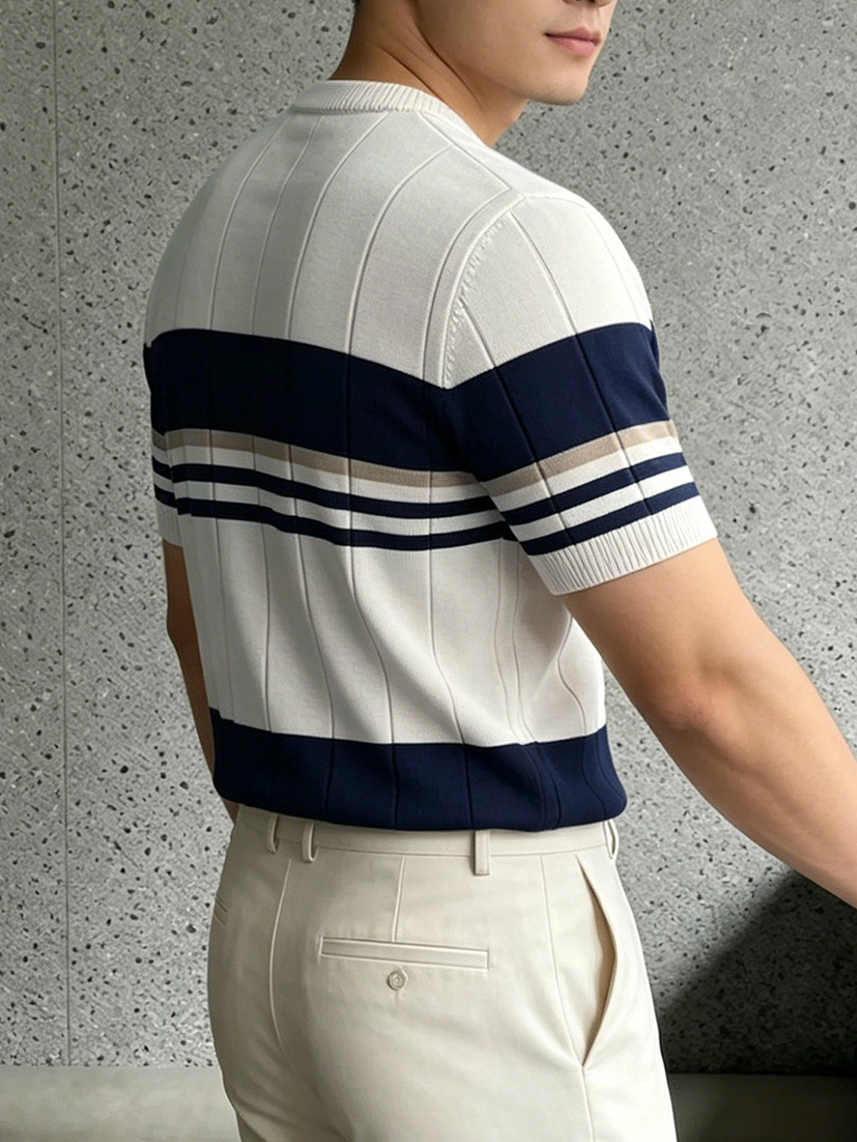 Men'S Color-Block Short-Sleeve Knit Pullover, Regular Round Neck Top, Business Casual Summer New - Off-white
