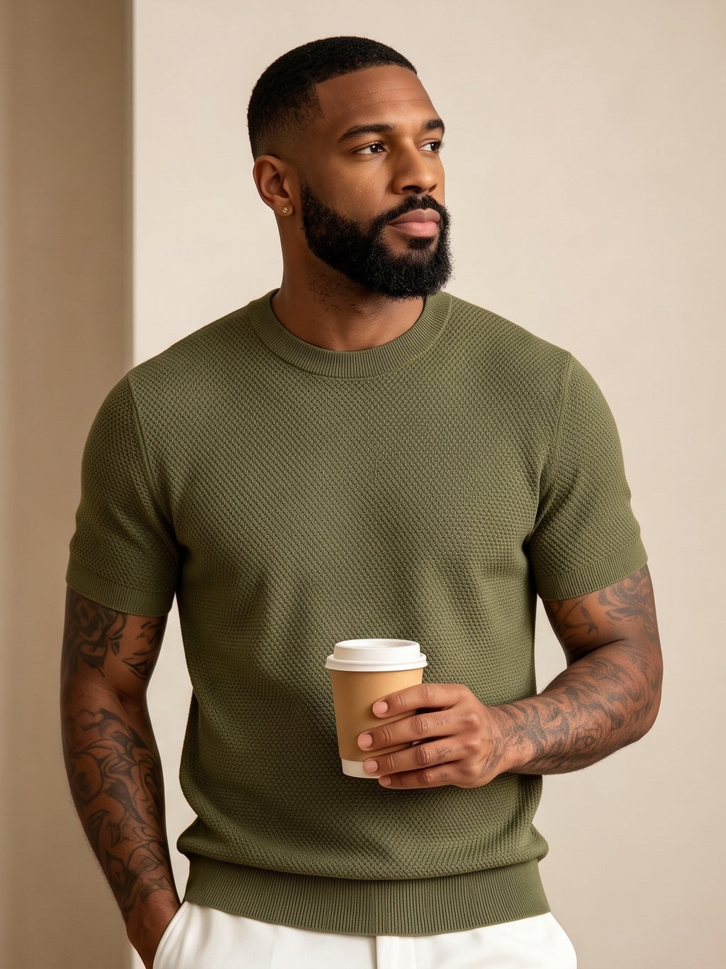 Men'S Easy Casual Short-Sleeve Knit Top, Made of Pure with Fine Mesh Texture, Skin-Friendly And Breathable, Relaxed Casual Style, Classic Versatile Design with Exquisite Details, Solid Color for a Warm And Easy Look - fern green