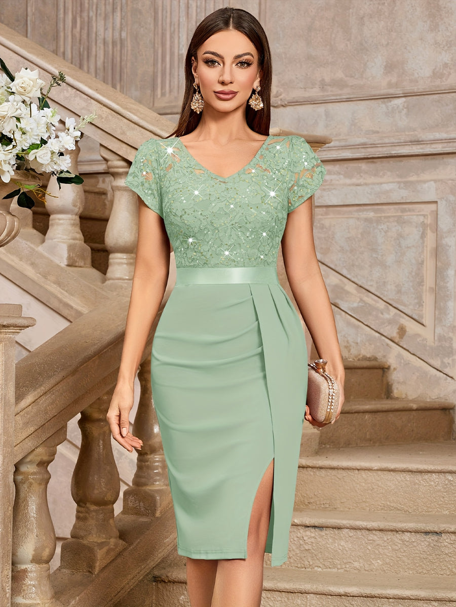 Women's Elegant Sequin Lace Petal Sleeve Double V Neck Ruched Trim Slit Hem Slim Party Dress - Mint Green