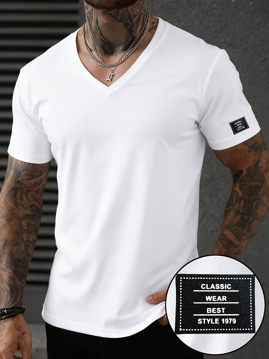 Men'S Patchwork V-Neck Short Sleeve T-Shirt, Suitable for Summer Outdoor Casual Wear, Casual Versatile Knit Top - White