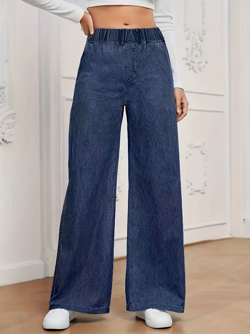 Women's Stretch Elastic Waist Wide Leg Jeans Soft Denim Street Style Casual Loose Pants Classic Blue Effortless Chic - Royal Blue