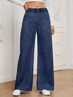 Women's Stretch Elastic Waist Wide Leg Jeans Soft Denim Street Style Casual Loose Pants Classic Blue Effortless Chic - Royal Blue