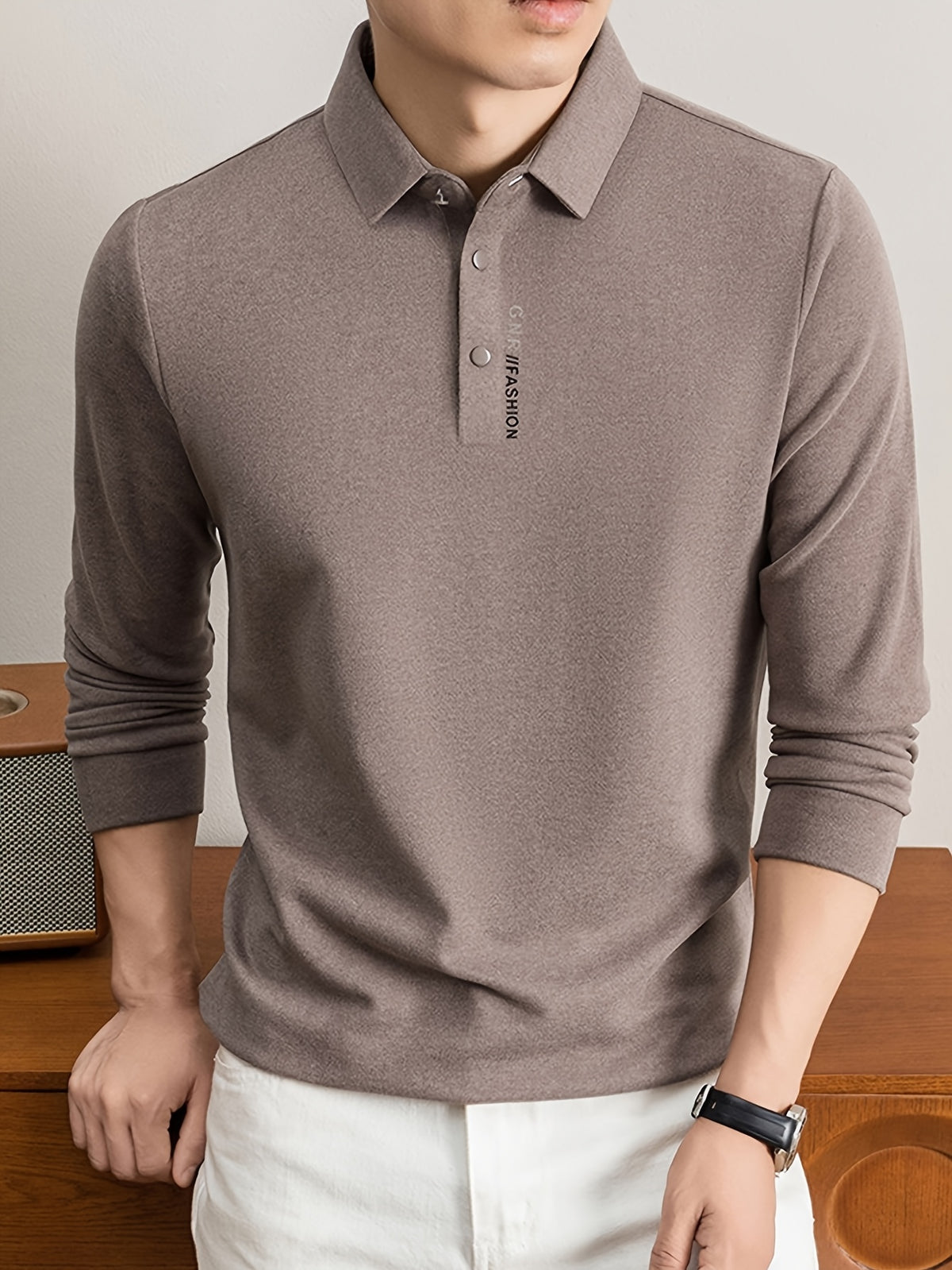 Men'S Lapel Long Sleeve Polo Shirt, Classic Small Lapel, 3-Button Placket, Business Commute And Casual Wear - SINBOS - Coffee Color
