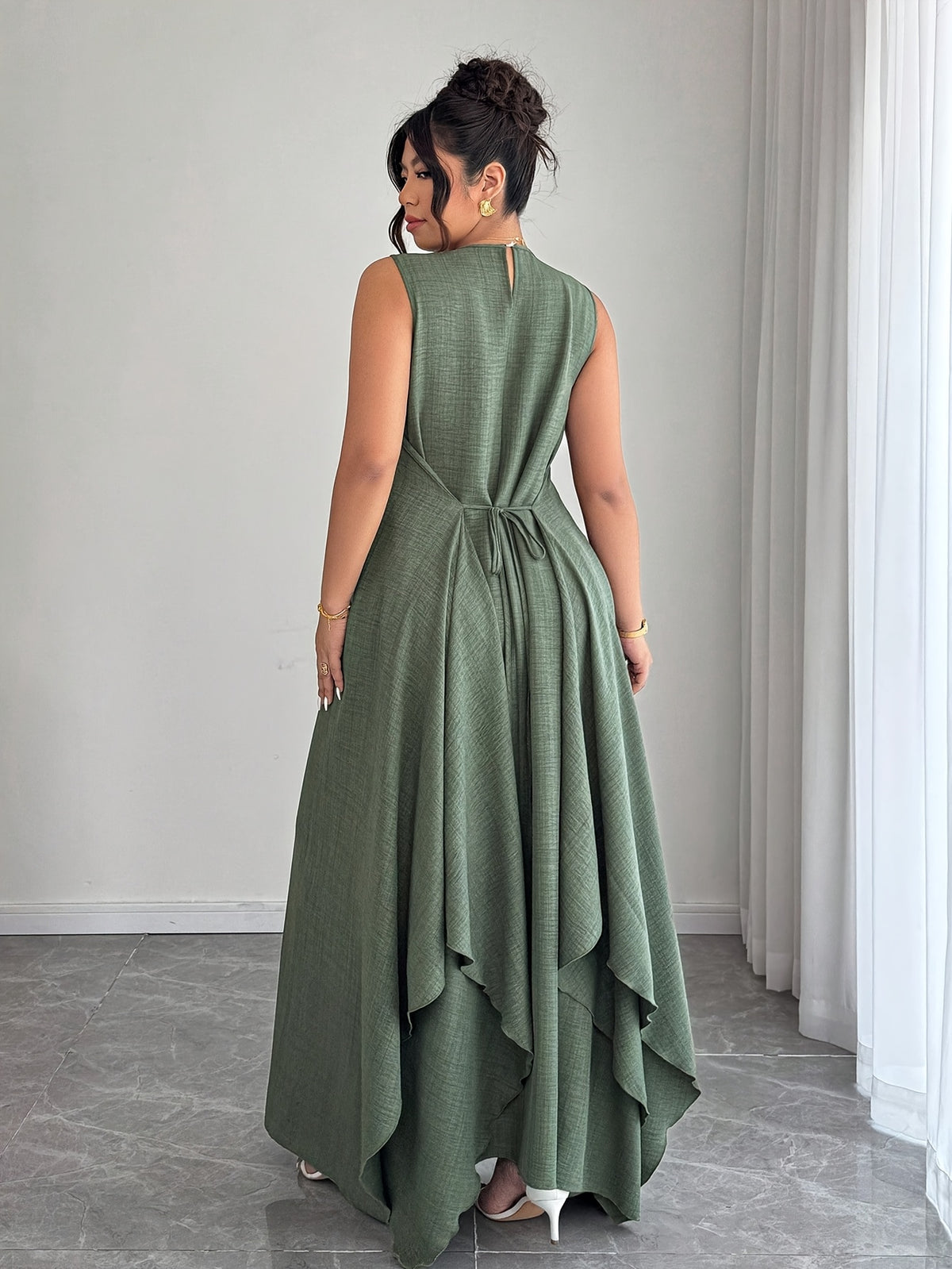 Women'S Elegant Vacation Casual Daily Outerwear Tie-Belt A-Line Asymmetrical Hem Dress - Green