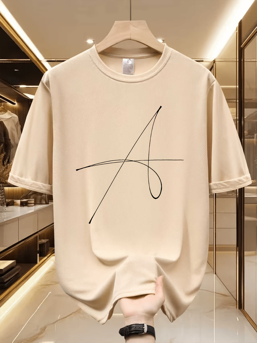 Handwritten Style Letter A Print T-Shirt, Minimalist Line Short Sleeve - Apricot