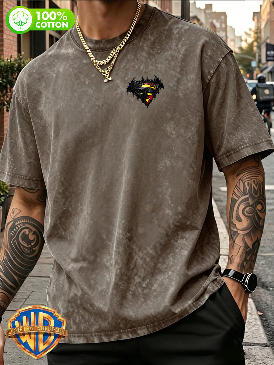1pc, Men'S 100% Washed "Retro Washed DC Heroes Front And Back Print Pure Loose Casual Short Sleeve T-Shirt" Casual All-Match Loose Summer Round Neck Short Sleeve, Double-Sided Print - Suitable for Outdoor Sports, Gym, Daily Wear - Coffee Brown