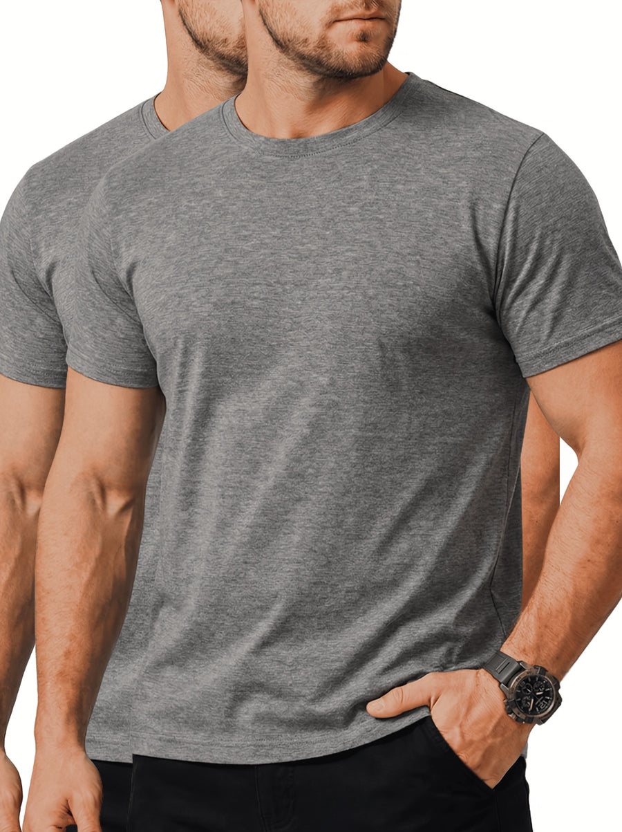 2pcs Round Neck Base Short Sleeve Top, Stretch Fabric Men'S Shirt, Western Summer Season Soft Fabric T-Shirt, Home Wear, Men'S Casual Top, Base Layer, Multi-Scene, Suitable for Various Styles, Travel, Business, Golf, Countryside Travel, Knit - Grey
