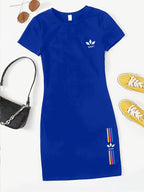 Women's 1pc T-Shirt Dress, Round Neck Short Sleeve Dress with Colorful Striped Print and "SPORT" Lettering, Casual Summer Fashion Dress for Women, Soft, Casual, and Elegant Women's Dress, Knee-Length, the Perfect Choice for Casual Summer Outfits - Blue