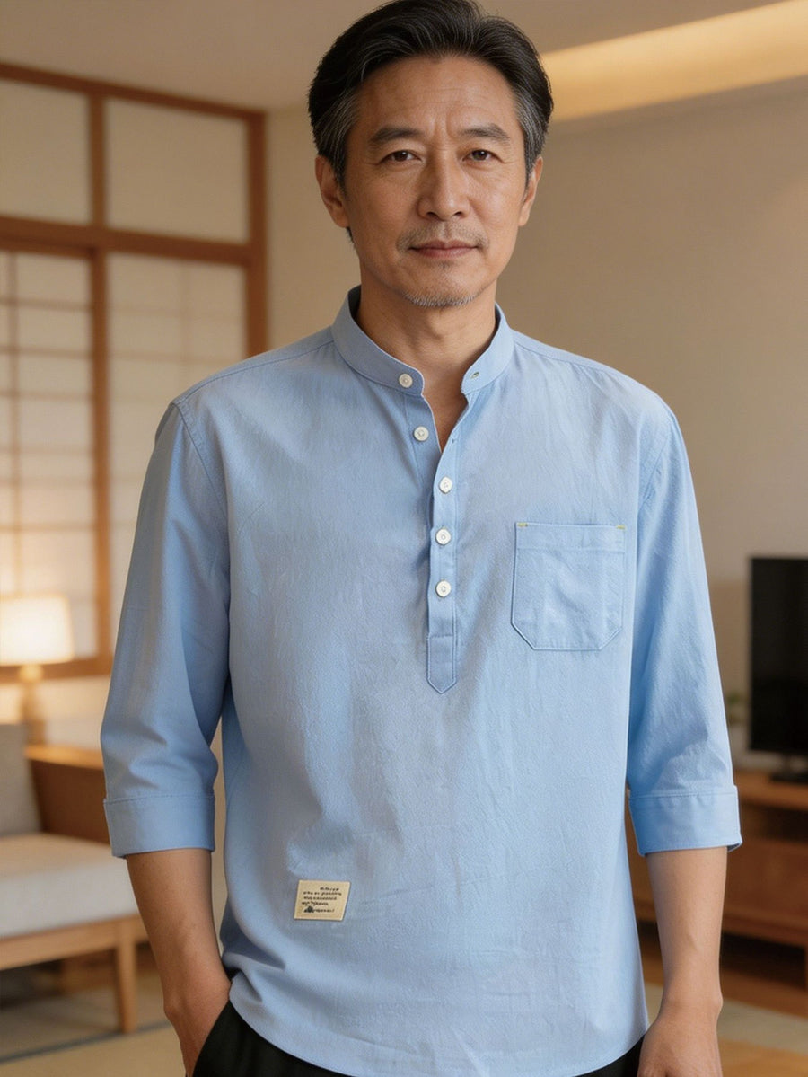 Vintage Henley Collar Half-Button Short Sleeve Shirt with Open Front Design, Side Pocket Detail, Suitable for Daily Commute, Outings, And Casual Business Wear, Easy Solid Color Pullover Casual Shirt. Thin Breathable Casual 3/4 Sleeve Top - Light Blue