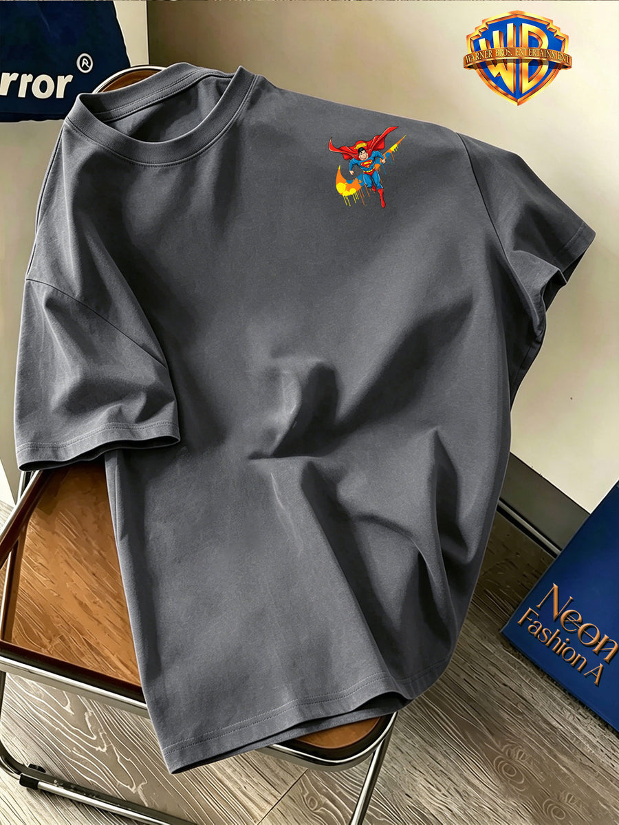 Back-To-School Season Warner Authorized, Men'S Casual T-Shirt, Soft Breathable Fabric Lightweight Short Sleeve, DC Genuine Superman Dynamic Flying Pose Colorful Resin Drop Trendy Print, Lightweight Comfortable Fit - Dark Gray