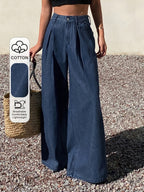26AW Women'S Non-Stretch Retro All-Match Casual Fashion Elegant Mid-Waist Pocket Machine Washable Durable Printed Striped Multifunctional Loose Straight-Leg Denim Long Pants Street Trendy Style - Medium Blue