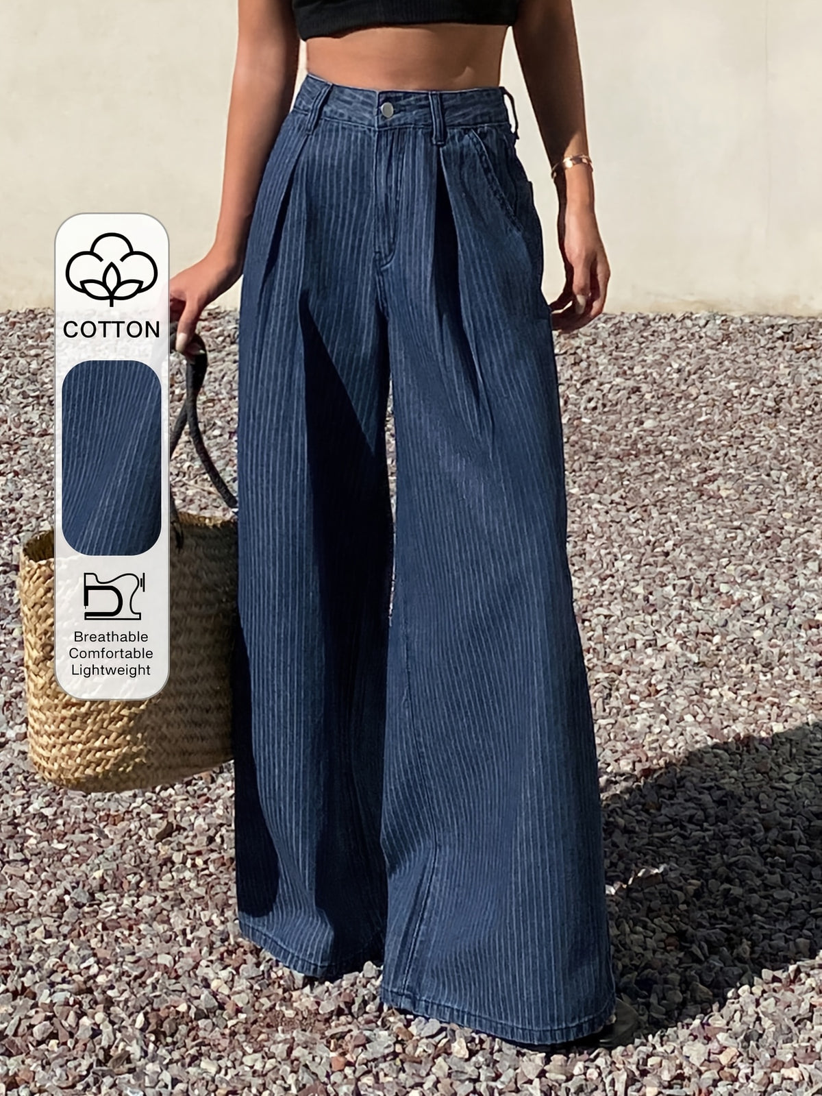 26AW Women'S Non-Stretch Retro All-Match Casual Fashion Elegant Mid-Waist Pocket Machine Washable Durable Printed Striped Multifunctional Loose Straight-Leg Denim Long Pants Street Trendy Style - Medium Blue
