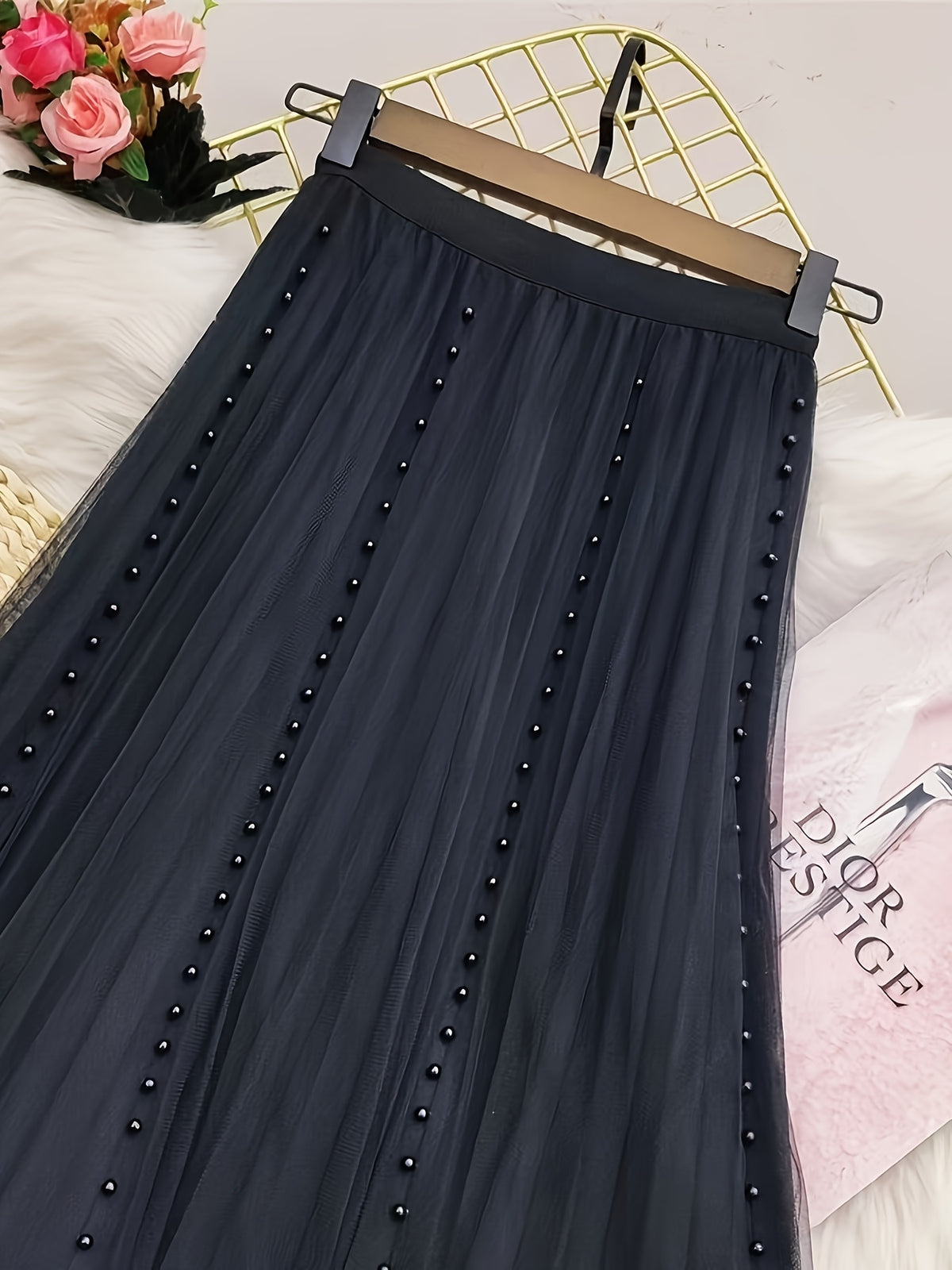High-Waist Mesh Skirt, New Style Beaded Pleated A-Line Skirt, Solid Color Mesh - Black