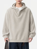 Men'S Heavyweight Hooded Sweatshirt, Autumn New Button-Front Pullover for Casual Leisure Sports Solid Color Hoodie - Oatmeal Color