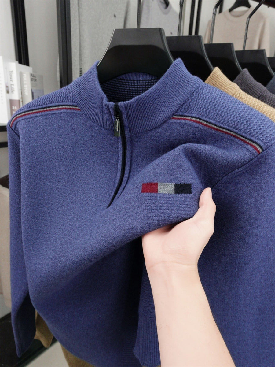 ZBZP Autumn Winter Knit 3D Solid Half-Zip Stand Collar Sweater, Basic Knit Pullover Top for Men, Fashionable Long Sleeve Sweater ZM - Blue