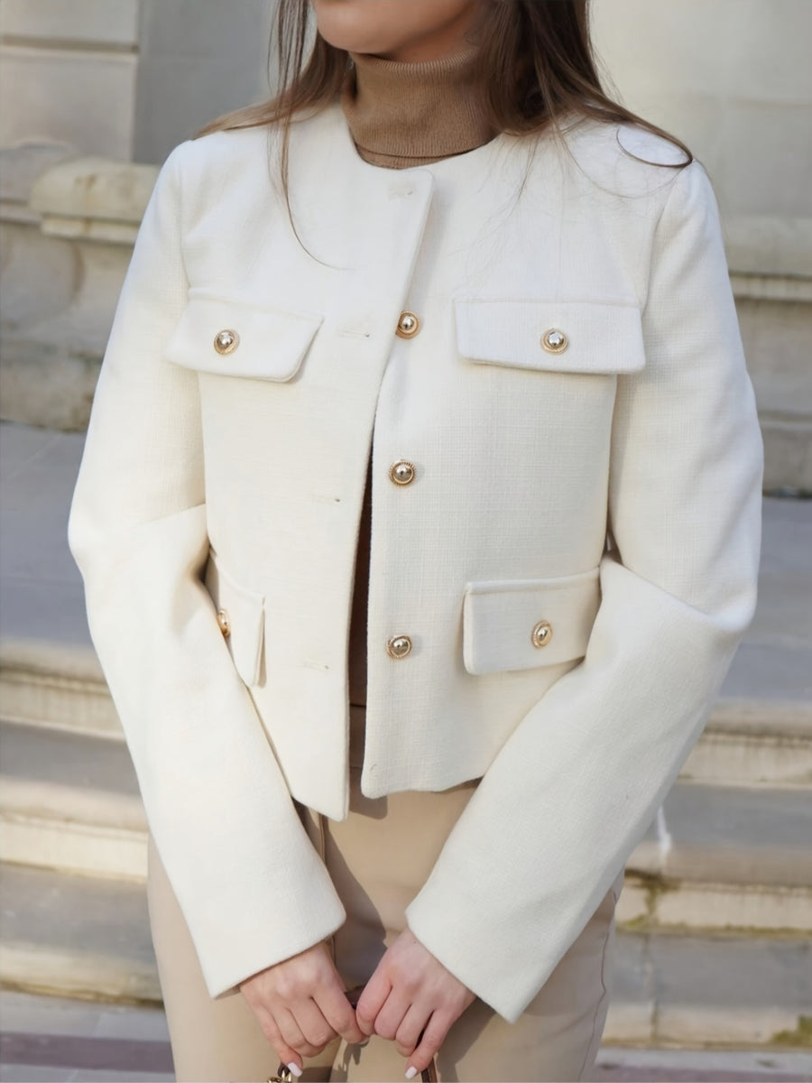Short Women'S Clothing 2025 Stylish European And American Tops, Chic Windbreaker Jacket, Blazer with a Flap, High-End New Round Neck Casual Wear - Milky