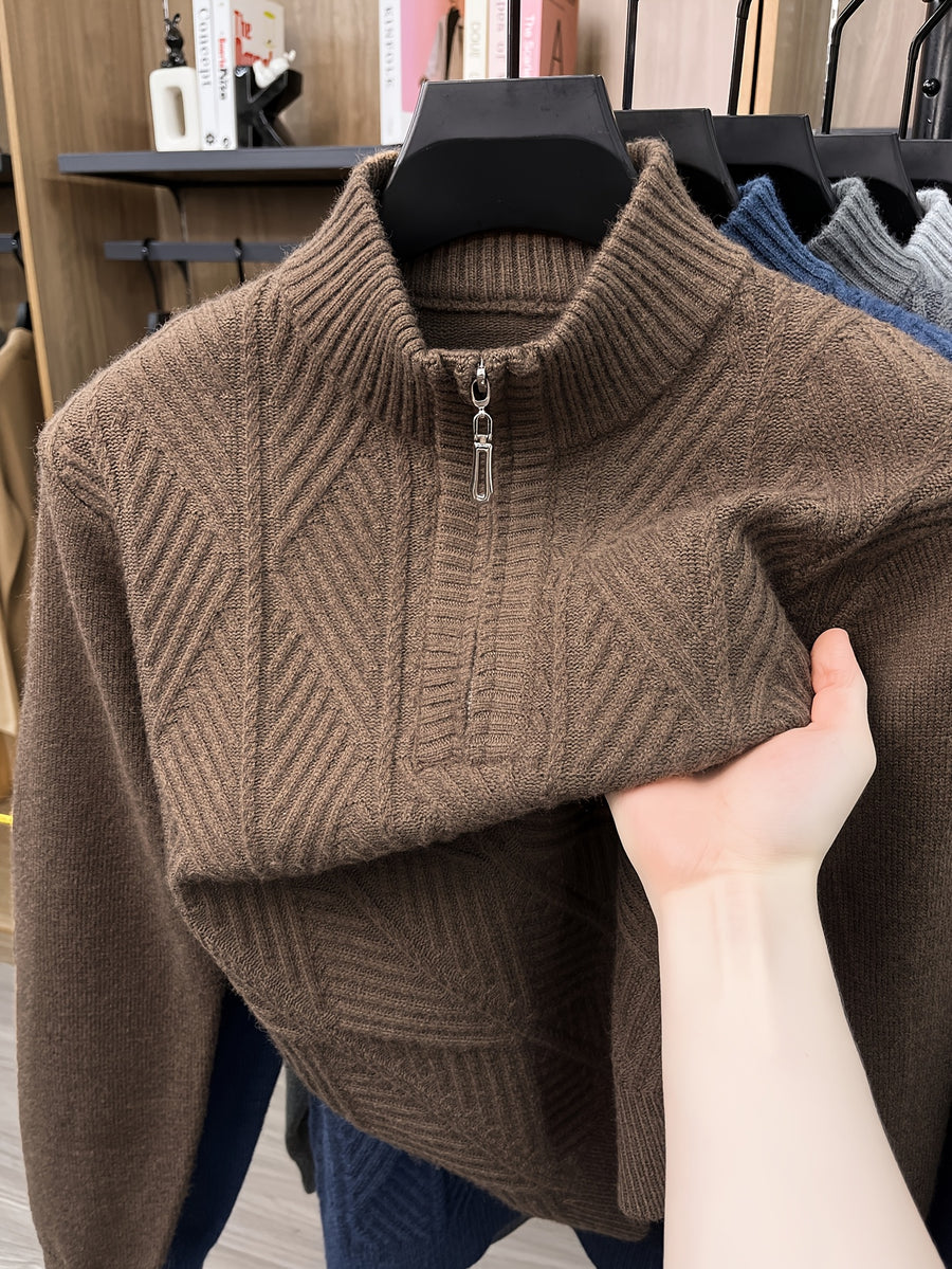 Men's Half-Zip Stand Collar Sweater with Zippered Panel & Striped Jacquard Knit - Warm Winter Pullover, Stretchable Stand Collar Suitable for Casual Office Wear, Layering Top, Hand Washable Regular Fit Blazer Compatible - Coffee Color