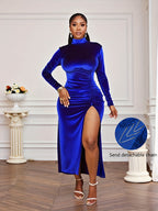 Lady's Fashionable and Elegant Gathering High-neck Velvet Long-sleeved Fitted Pleated Slit Dress/Carnival Costume/Carnival Attire/Festival Outfit/Wedding Date/Valentine's Day Gift - Blue