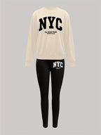 1014Gwen, 1 Set of Casual Women's Sweatshirt Set, 2pcs, Letter Print, Round Neck Long Sleeve Sweatshirt, Long Leggings, Can Be Worn Alone or as a Layering Piece, Suitable for Autumn and Winter, Women's Clothing - Apricot+Black