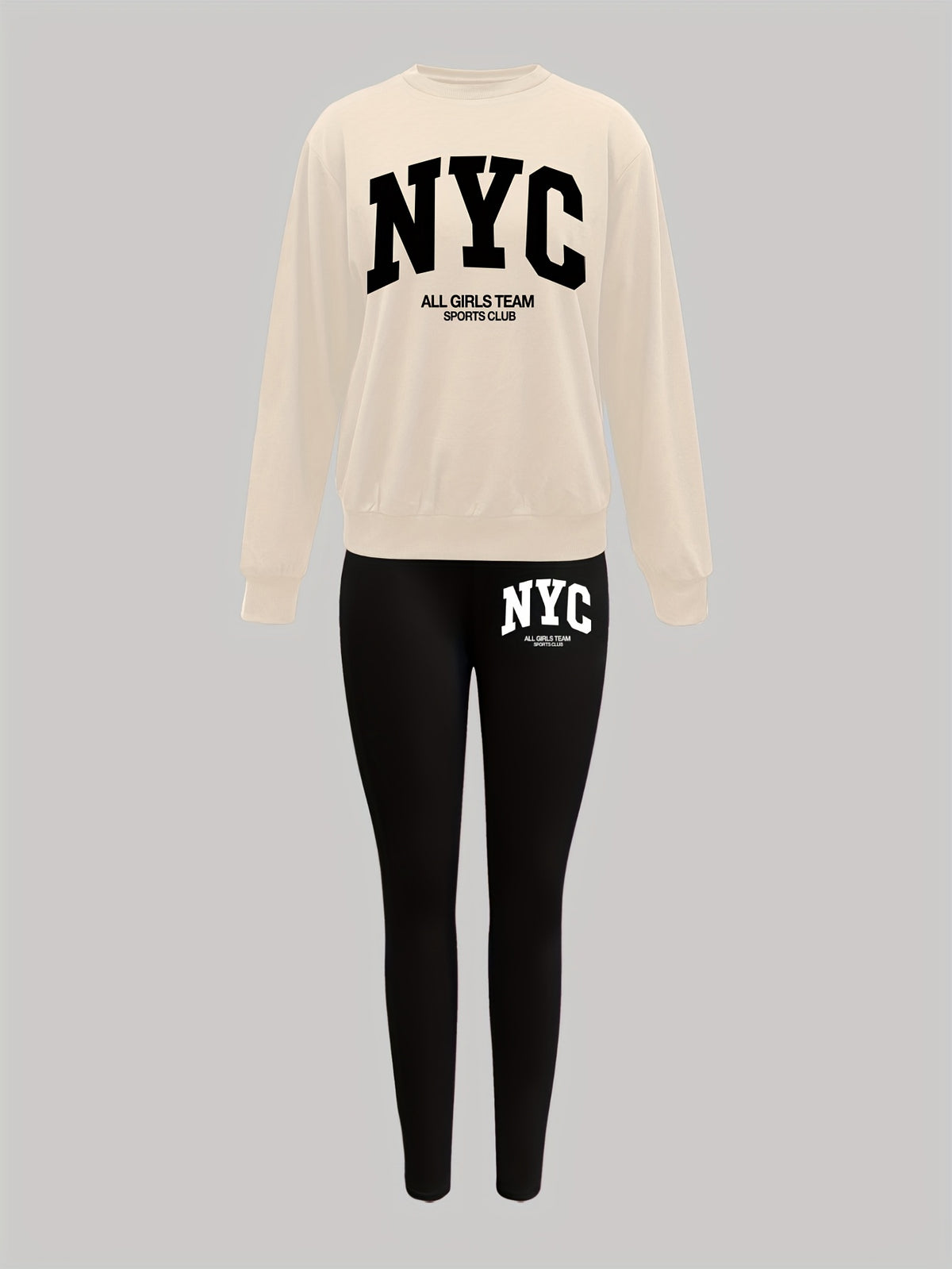 1014Gwen, 1 Set of Casual Women's Sweatshirt Set, 2pcs, Letter Print, Round Neck Long Sleeve Sweatshirt, Long Leggings, Can Be Worn Alone or as a Layering Piece, Suitable for Autumn and Winter, Women's Clothing - Apricot+Black