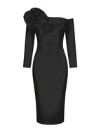 Women's Slim-Fit Hip-Hugging Evening Gown with Large Three-Dimensional Floral Print, One-Shoulder Strap, Off-Shoulder, and Open Back for Birthdays, Weddings, Parties, and Bridesmaids - Black