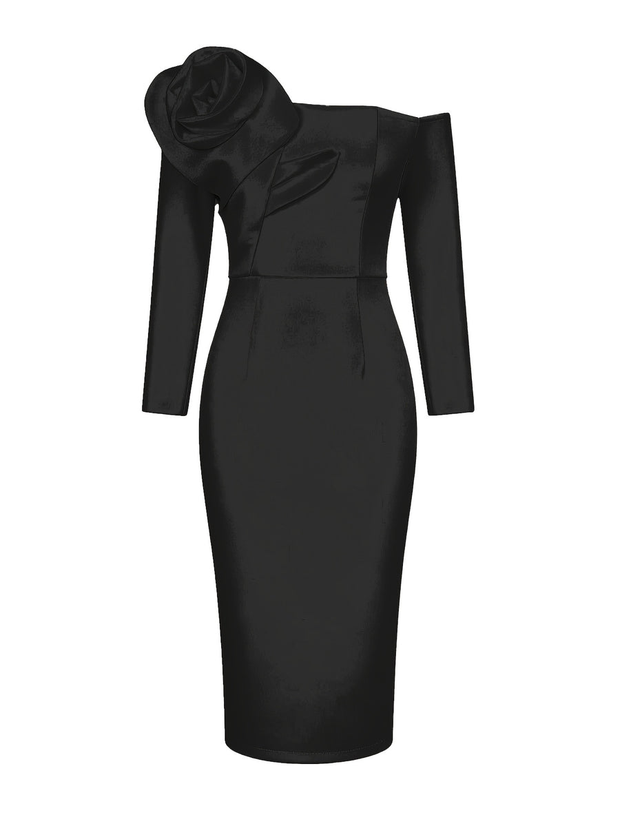 Women's Slim-Fit Hip-Hugging Evening Gown with Large Three-Dimensional Floral Print, One-Shoulder Strap, Off-Shoulder, and Open Back for Birthdays, Weddings, Parties, and Bridesmaids - Black