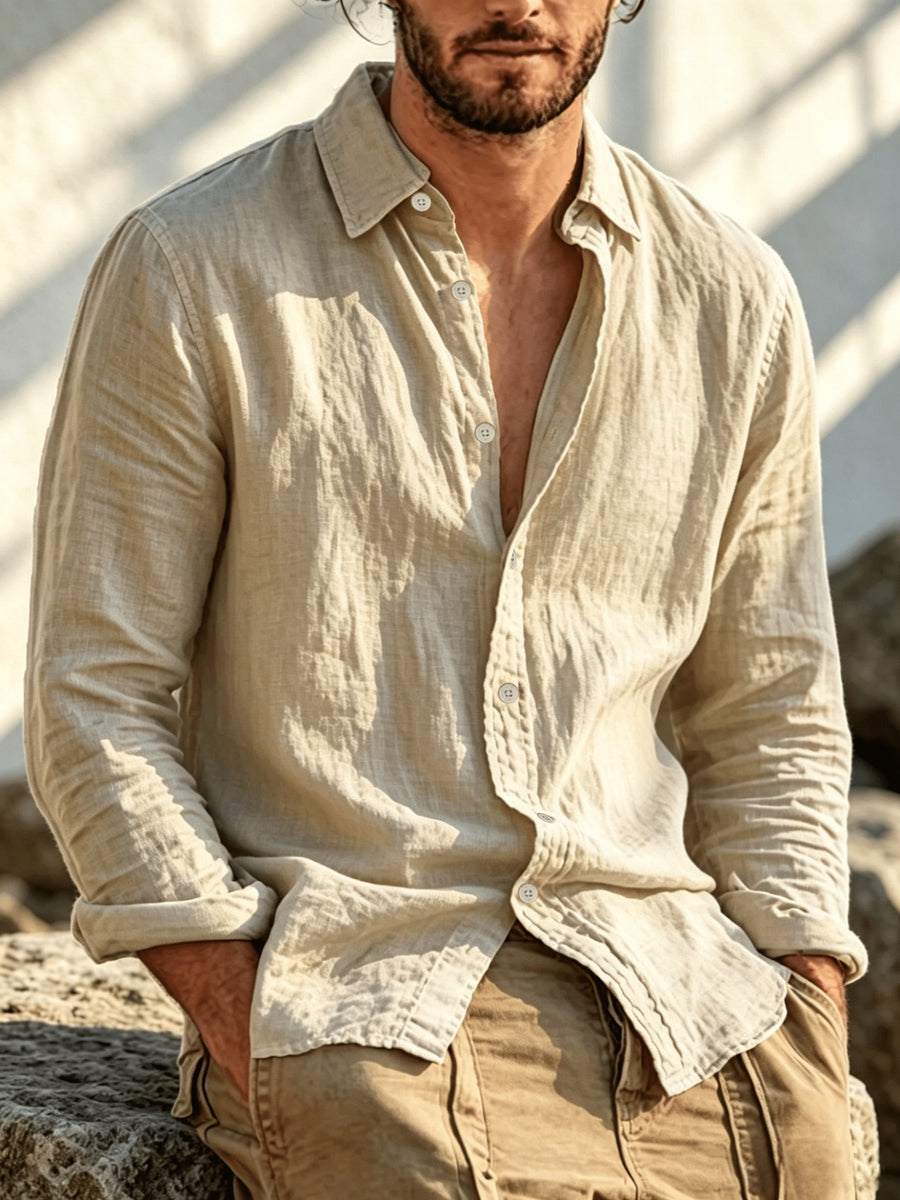 Single Piece Summer Men's Cotton and Cotton And Linen Blend Long Sleeved Shirt, 26 Year Fashionable and Simple Style, Loose Fit, Button up Cardigan Versatile Design, Soft and Breathable Fabric, Preferred for Daily Leisure Commuting - Khaki