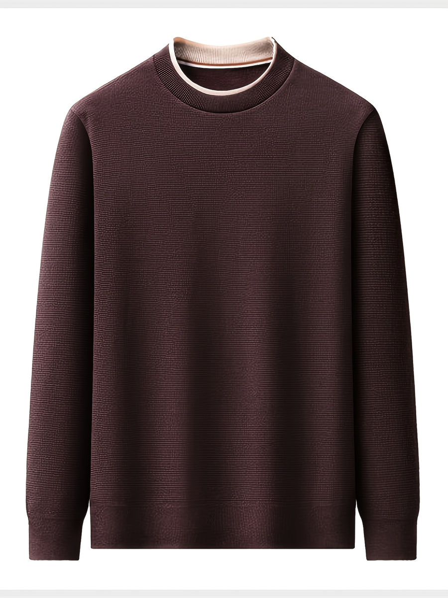 Men'S Round Neck Knit Sweater, Gray Contrast Trimmed Collar Long Sleeve, Light Business Style, Regular Fit for Fall/Winter, Suitable for Layering And Casual Outings - Purple Coffee