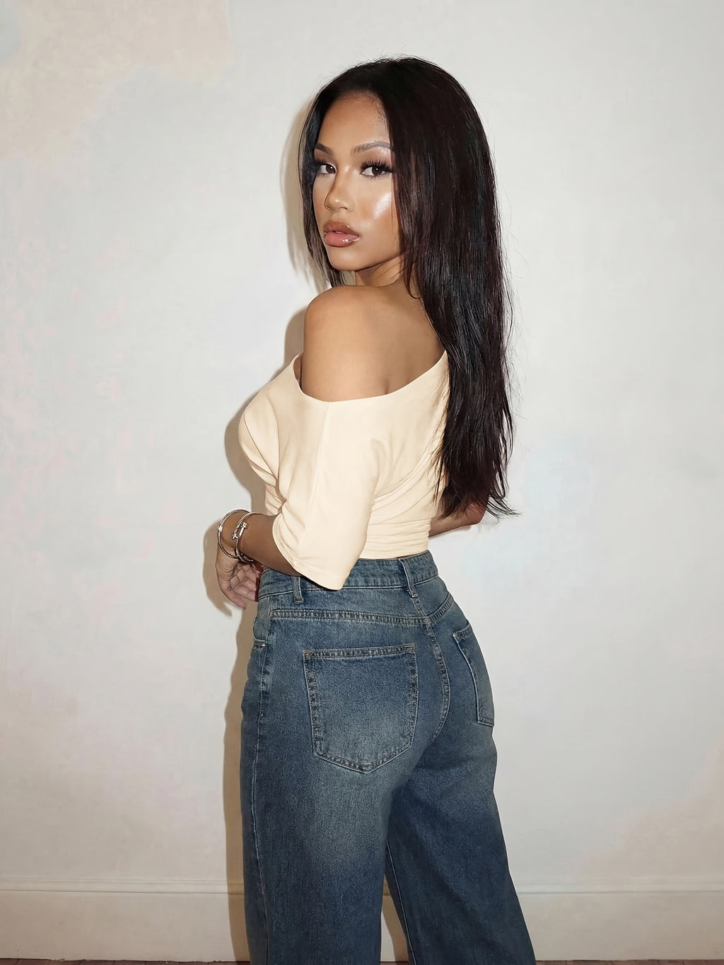 Spring Summer Vacation Beach Elegant Romantic Sexy Party Date Birthday Party Casual Elegant Off-Shoulder Loose Waist Pleated Solid Color T-Shirt Top - Apricot