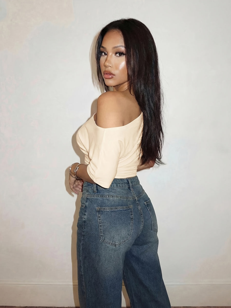 Spring Summer Vacation Beach Elegant Romantic Sexy Party Date Birthday Party Casual Elegant Off-Shoulder Loose Waist Pleated Solid Color T-Shirt Top - Apricot