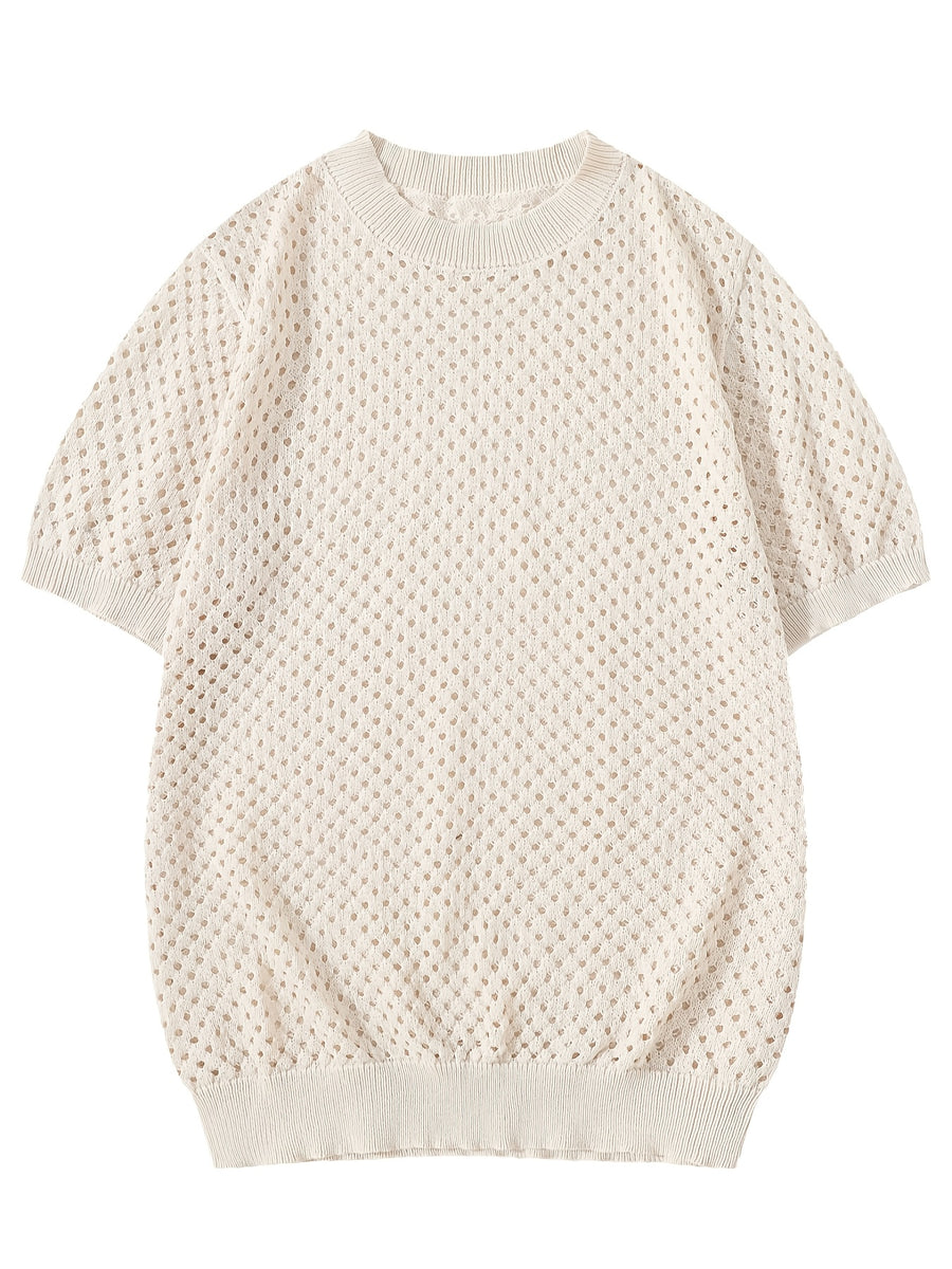 Men's Round Neck Short Sleeve Spring/Summer New Hollow Knit Fitted Style Casual Knit Shirt - Apricot
