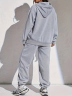 Autumn Winter Trendy Fashion Hooded Drawstring Sweatshirt And Sweatpants Women'S Set Hooded Drawstring Design, Sweatshirt with Kangaroo Pocket on Front Cold Weather Comfortable Outfit, Classic Silhouette - Light Grey