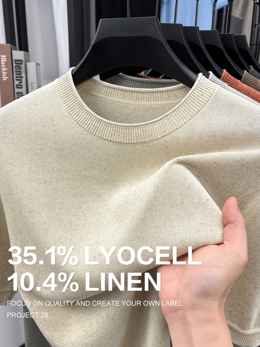 35.1% Lyocell And 10.4% Linen High-Quality Light Luxury Men'S Short Sleeve Round Neck Pullover Knit T-Shirt Fashion Casual Suitable for Outdoor Sports Golf Base Layer Floral Yarn Knit Fabric Collar Rolled Edge Craft Easy Commute Light Business Style - Raw Linen