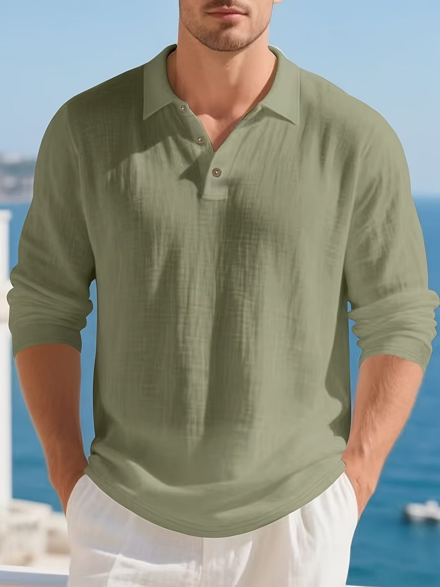 [Pearson OBM] Men'S Casual Fashion Breathable Soft Linen Texture Fabric Anti-Wrinkle Versatile Suitable for Daily Work Commuting Island Vacation Light Business Men'S Shirt - fern green