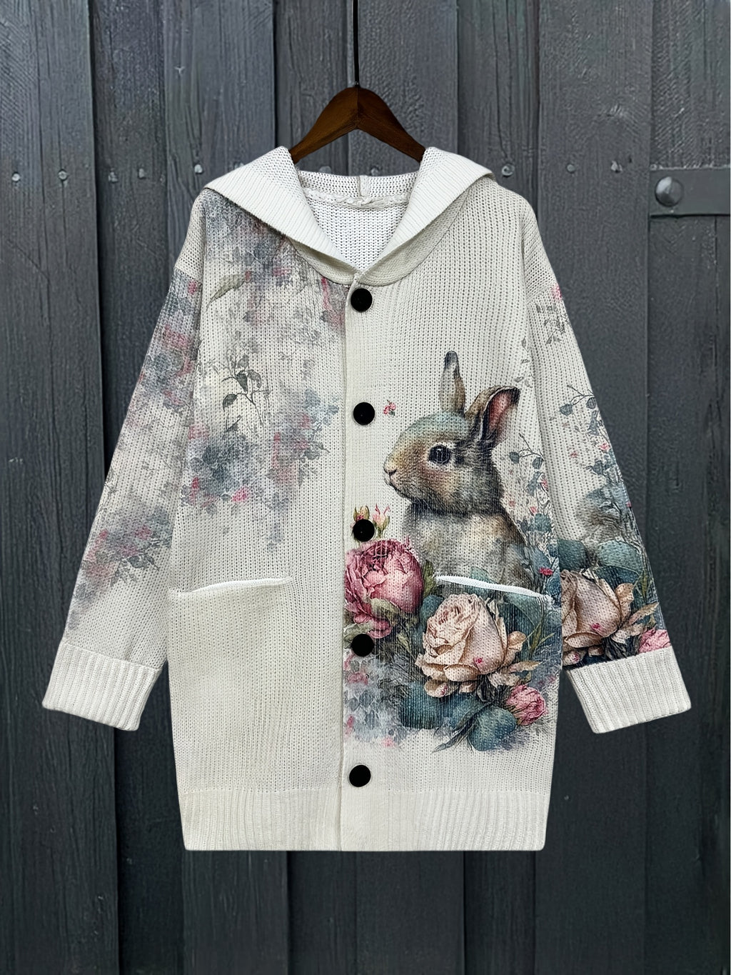 Nordic Pastoral Style Hooded Chunky Floral Rabbit Print Fabric Cardigan, Women's Vintage Long Coat - Light Grey