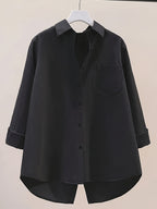 Elegant Women's Long-sleeve Shirt, Solid-color Fabric, Front Button Placket Design, with Slit, Suitable for Office and Daily Wear, Pink for Spring and Autumn - Black