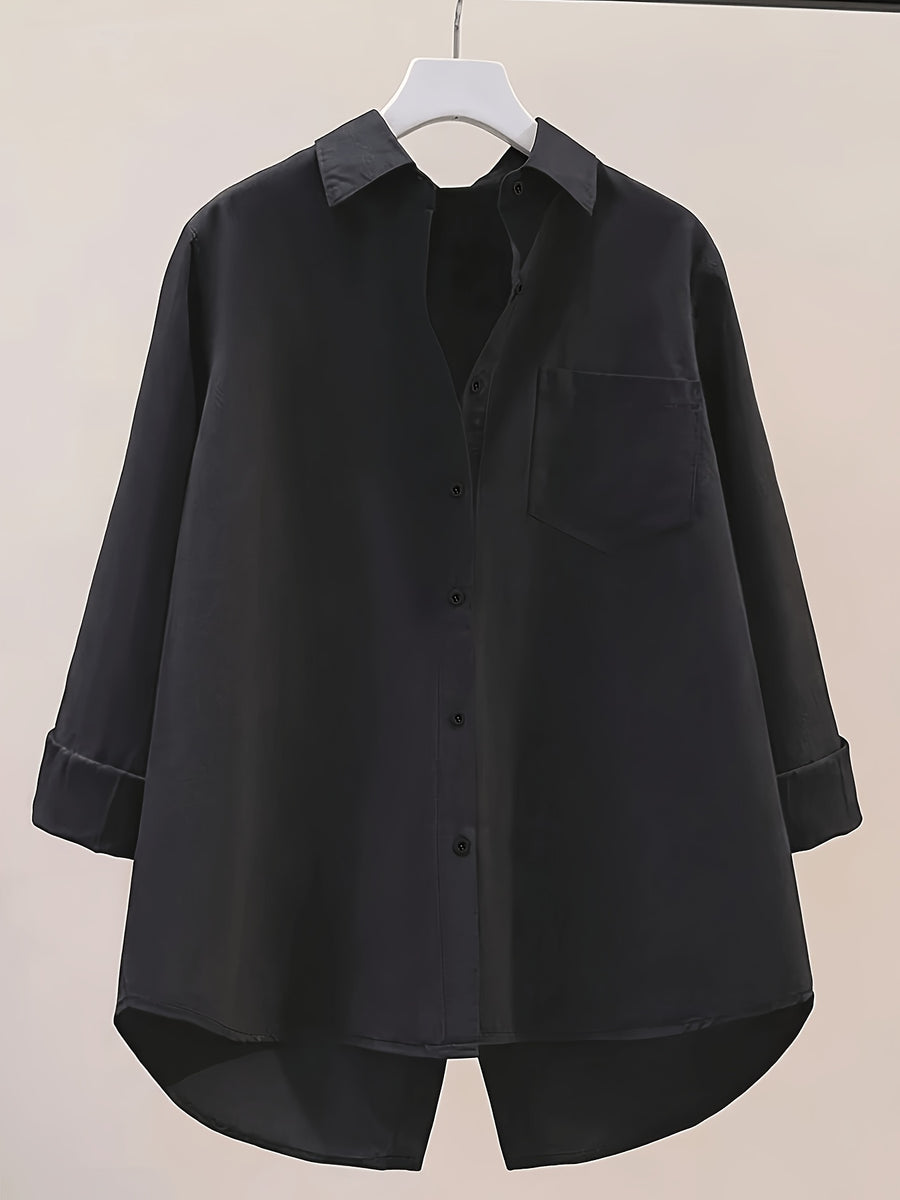 Elegant Women's Long-sleeve Shirt, Solid-color Fabric, Front Button Placket Design, with Slit, Suitable for Office and Daily Wear, Pink for Spring and Autumn - Black