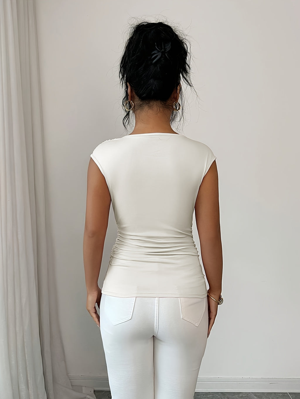Spring/Summer Fashionable and Elegant Ruffle Pleat Collar Daily Casual T-Shirt - White