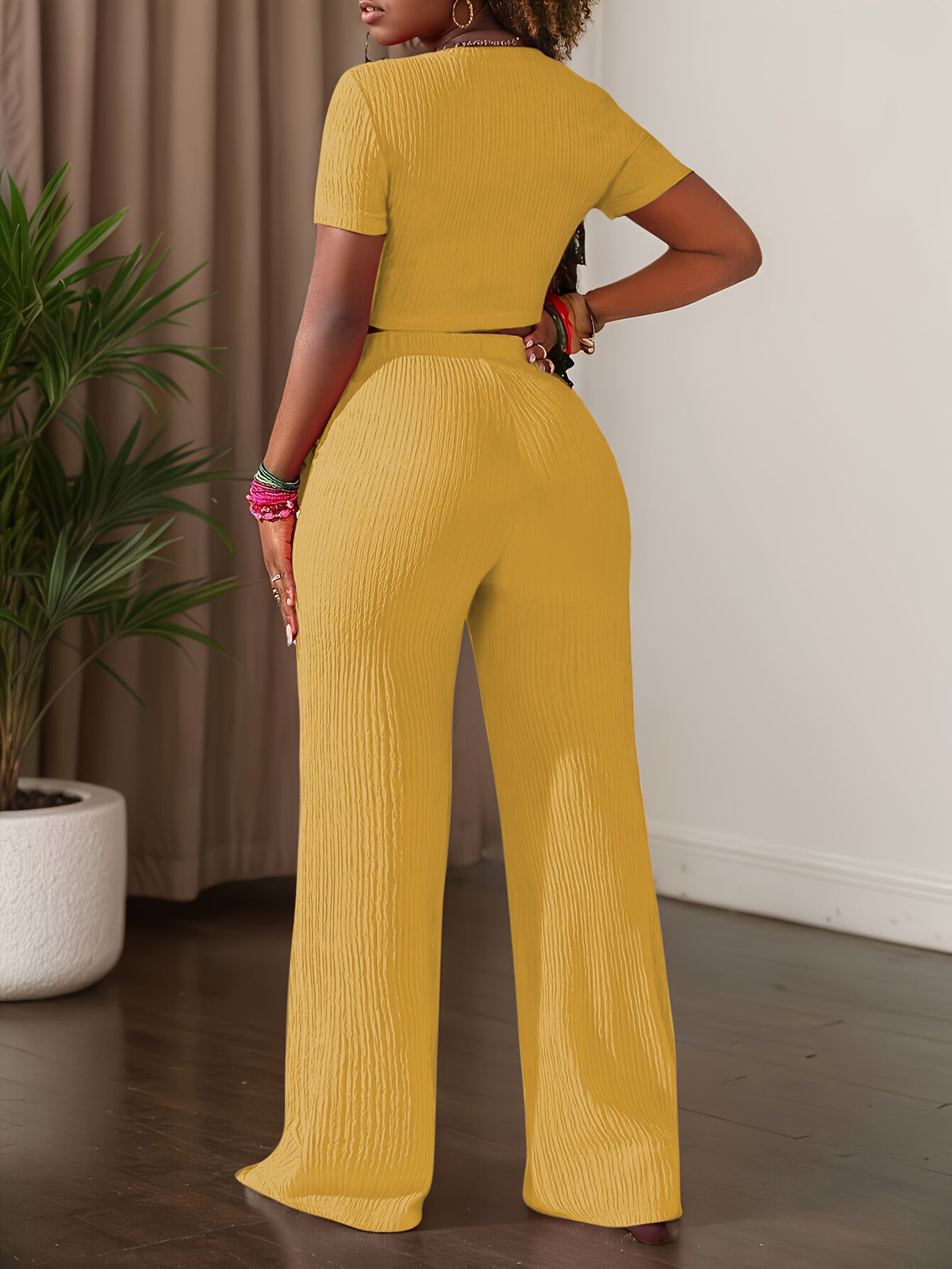 2025 New Solid Color Short Sleeve Top And Wide Leg Pants Casual Set - Golden