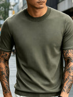 Men' Summer Short-Sleeve Knit Shirt with White-Trimmed Cuff - Stretchable Round Neck -Compatible Suitable for Urban Streetwear & Business Casual, Solid Color Multi-Color Tunic Top for Commuting and Office Wear - Autumn Bamboo Green