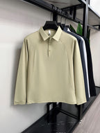 [Saa Xing OBM] 1pc Spring/Autumn New Men'S Polo Shirt, Old Money Style Textured Solid Color Half-Button Collar Single-Button Polo Neck Long Sleeve Men'S Fashion Versatile Pullover Base Layer Top, Suitable for Spring, Autumn, Wear - Khaki 1