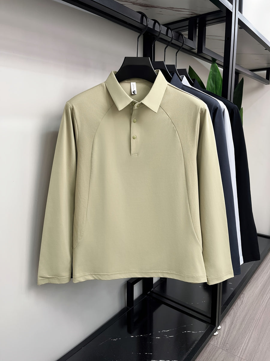 [Saa Xing OBM] 1pc Spring/Autumn New Men'S Polo Shirt, Old Money Style Textured Solid Color Half-Button Collar Single-Button Polo Neck Long Sleeve Men'S Fashion Versatile Pullover Base Layer Top, Suitable for Spring, Autumn, Wear - Khaki 1