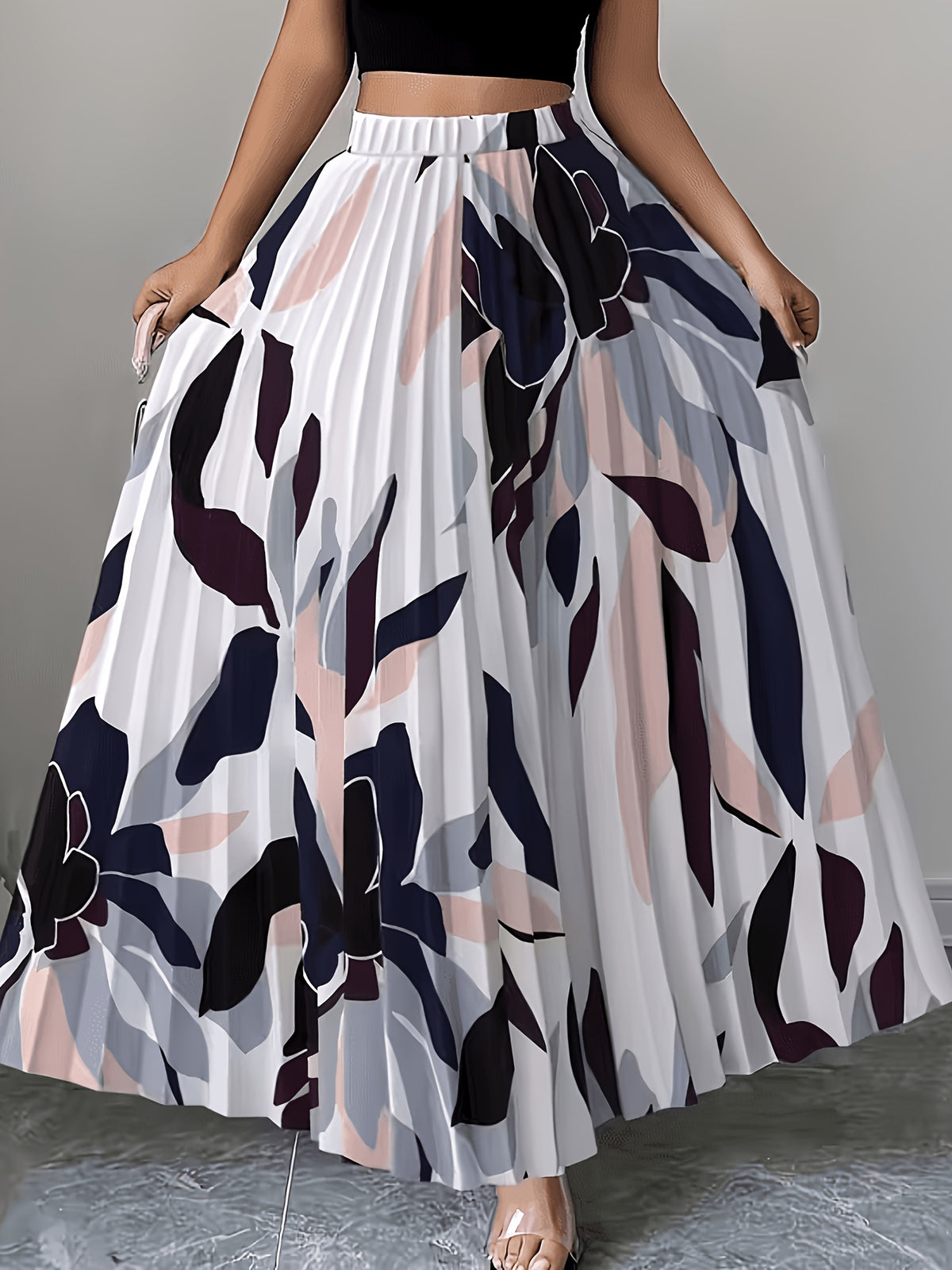 Elegant Women'S Midi Skirt, Long Skirt, Sun Pleated, Pleated Half Skirt, Elastic Waistband, Machine Washable, Fabric - Multicolor
