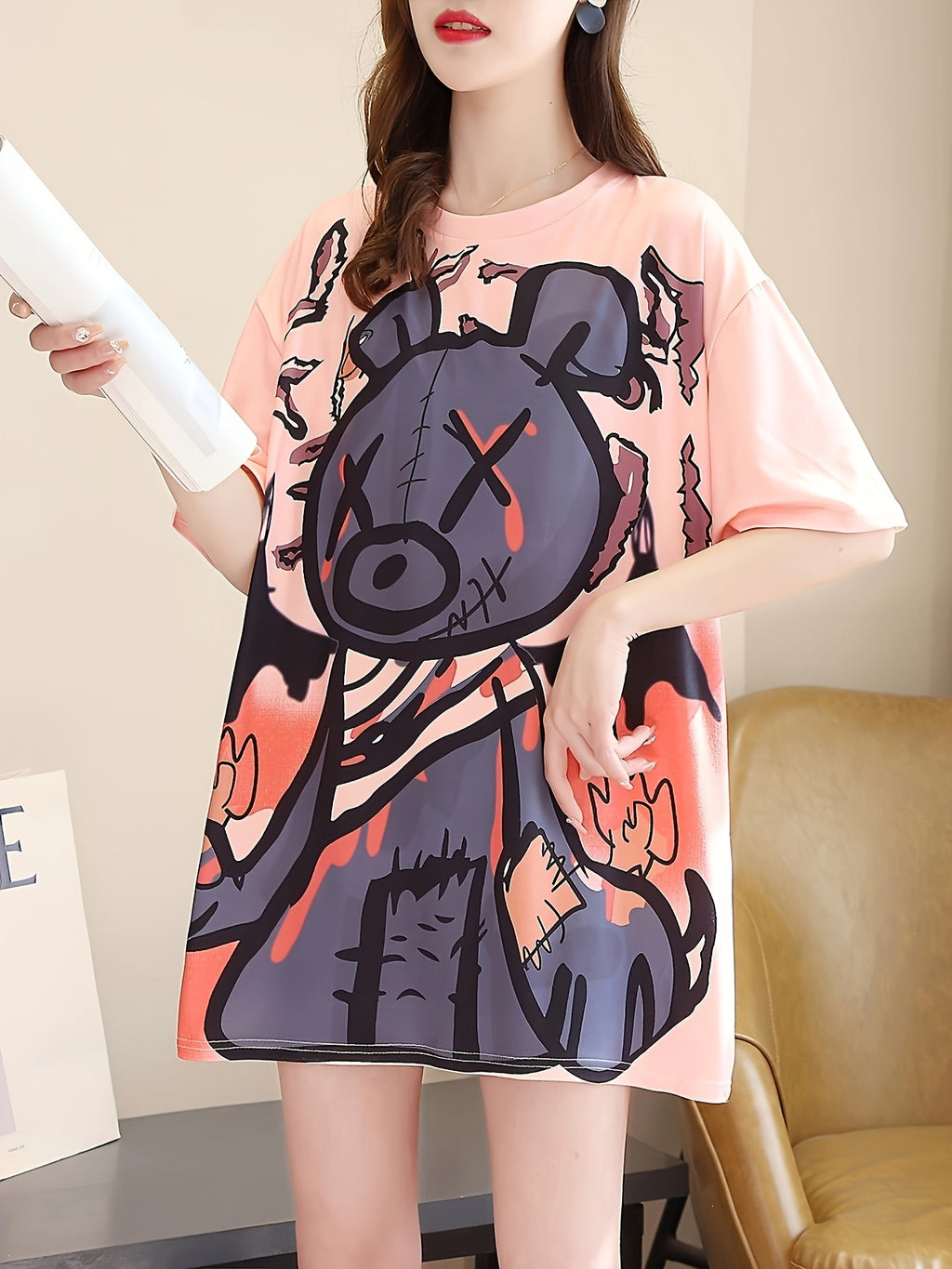 New Summer Collection of Plus-Size Loose-Fitting Stylish Cartoon Print Women'S Mid-Length Short-Sleeve T-Shirts - Pink