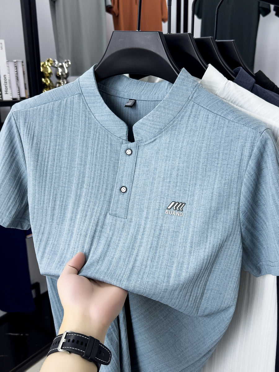 [Pearson Obm]Summer New Small Stand Collar Ice Fiber Fabric Quick-Drying Short-Sleeved T-Shirt Men'S Young Loose Casual Short-Sleeved Top Men'S Clothing Lao Zhou - Light Blue