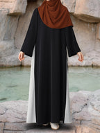 Middle Eastern Muslim Black And White Contrasting Band Waist-Cinching Long-Sleeved Dress, Abaya - an Islamic Loose-Fitting Casual/Commuting Robe, Women'S Elegant Casual Loose-Fitting Long Dress - Black