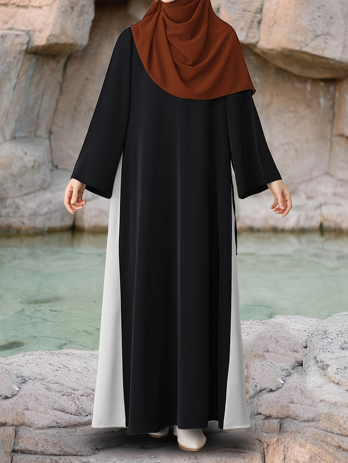 Middle Eastern Muslim Black And White Contrasting Band Waist-Cinching Long-Sleeved Dress, Abaya - an Islamic Loose-Fitting Casual/Commuting Robe, Women'S Elegant Casual Loose-Fitting Long Dress - Black
