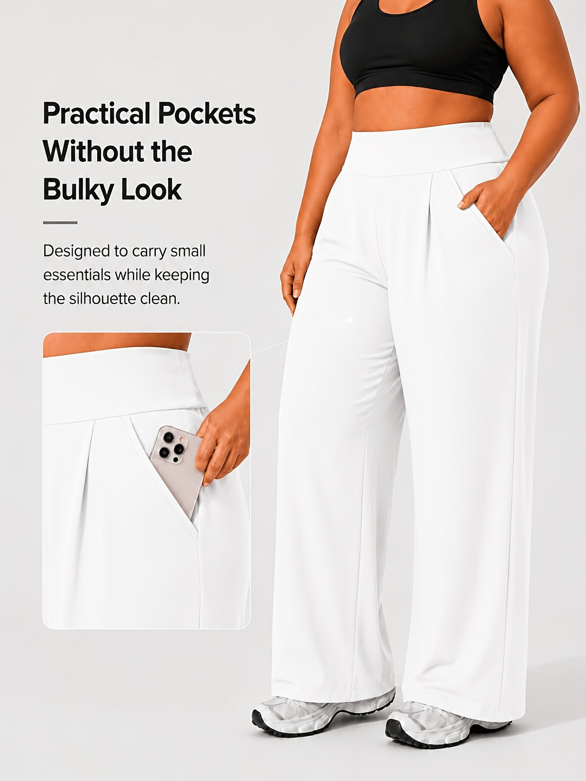 Plus Size Women'S High-Waist Wide-Leg for yoga Pants 0XL-4XL Tummy Control Non-Roll Non-Digging Front Pleated Deep Side Pockets Double-Sided Super Soft 4-Way Stretch Casual Sports Trousers for Yoga Gym Outdoor Work All Seasons - White